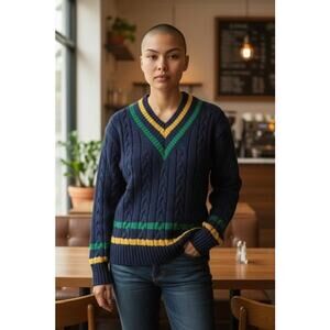 VTG!! "GAP" Heavy Cable Knit Sweater V Neck SZ M Rugby Academia  Preppy Classy